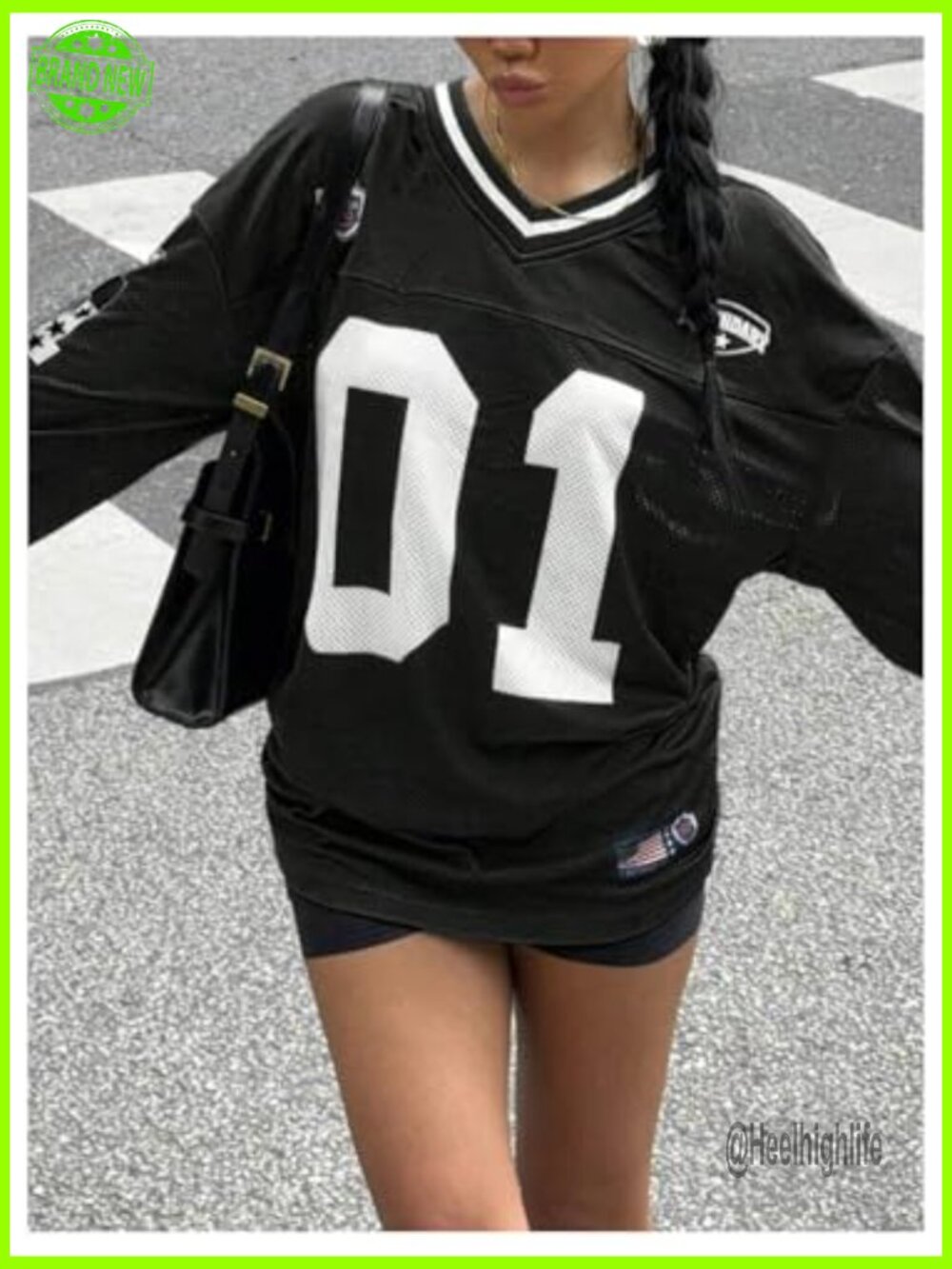 Oversized V-Neck Long Sleeve Graphic T-Shirt Loose Fit Jersey - Picture 3 of 6